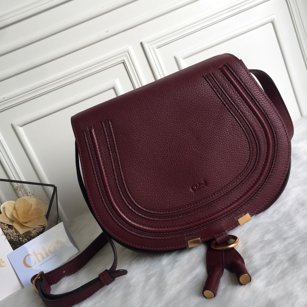 Chloe Marcie Saddle Shoulder Bag In Bordeaux Grained Leather